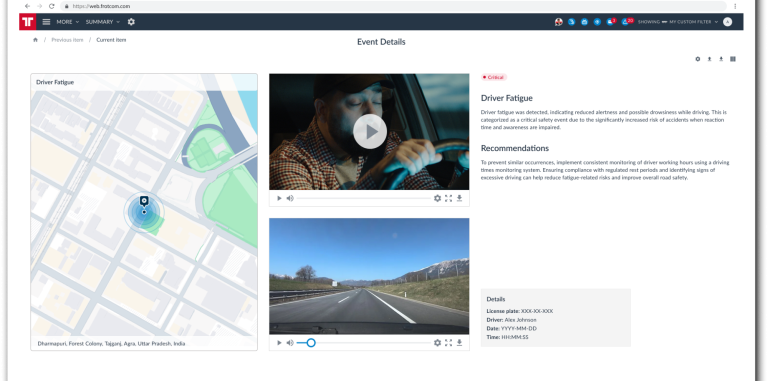 CAMERA & DASHCAM TRACKING Frotcom's interface displaying a route, with two video thumbnails showing typical driving scenarios.